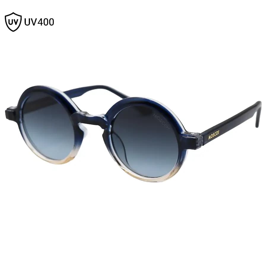 عینک آفتابی Moscot با فریم آبی و قهوه‌ای، شکل گرد و دایره‌ای، دسته سیم‌دار و لنز دودی سایه روشن مدل 1206
