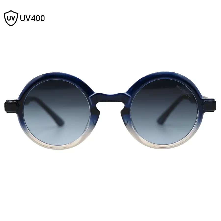 عینک آفتابی Moscot با فریم آبی و قهوه‌ای، شکل گرد و دایره‌ای، دسته سیم‌دار و لنز دودی سایه روشن مدل 1206 — تصویر ۳
