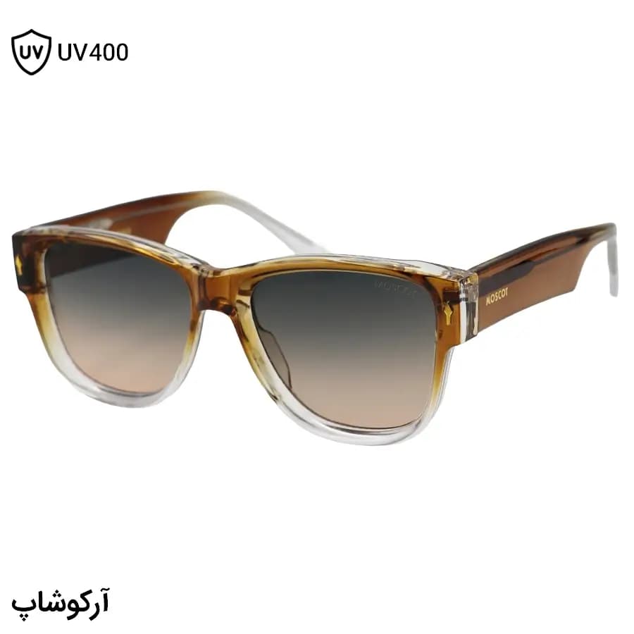 عینک آفتابی Moscot با فریم قهوه‌ای رنگ، شکل ویفرر سایز بزرگ، دسته سیم‌دار و لنز قهوه‌ای سایه روشن مدل 1202