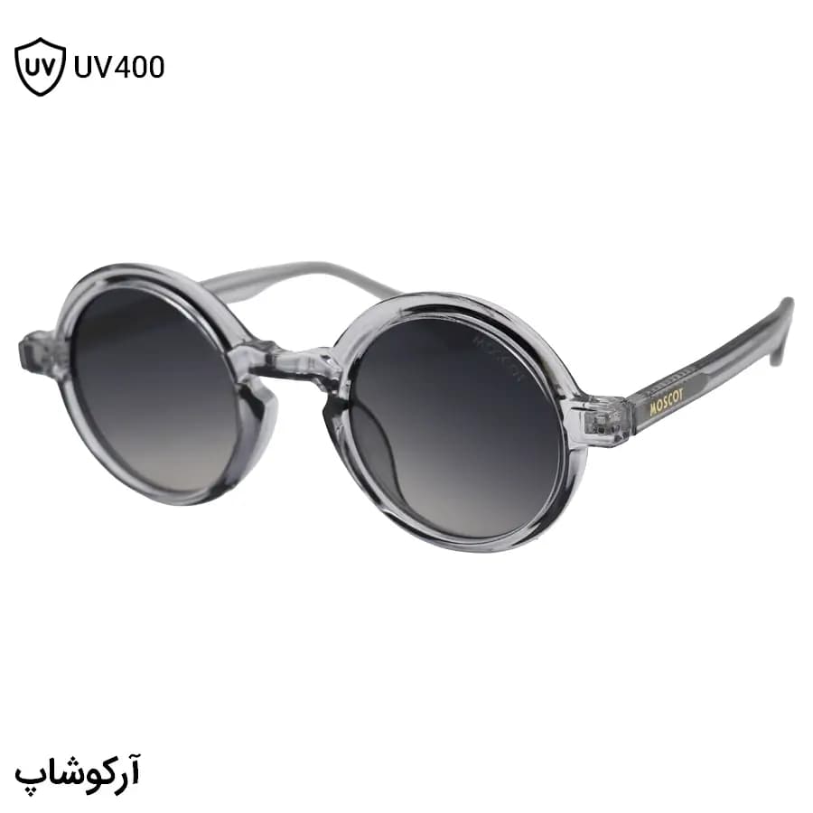 عینک آفتابی Moscot با فریم طوسی براق، شکل گرد و دایره‌ای، دسته سیم‌دار و لنز دودی سایه روشن مدل 1206