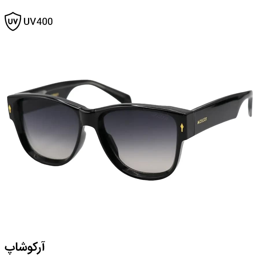 عینک آفتابی Moscot با فریم مشکی رنگ، شکل ویفرر سایز بزرگ، دسته سیم‌دار و لنز دودی سایه روشن مدل 1202