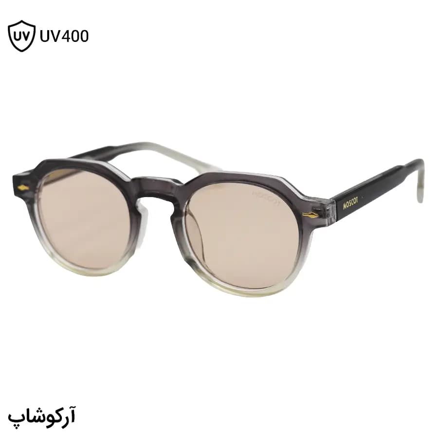 عینک آفتابی موسکات با فریم شکل گرد، رنگ خاکستری براق، دسته سیم‌دار و عدسی قهوه‌ای روشن مدل 1209