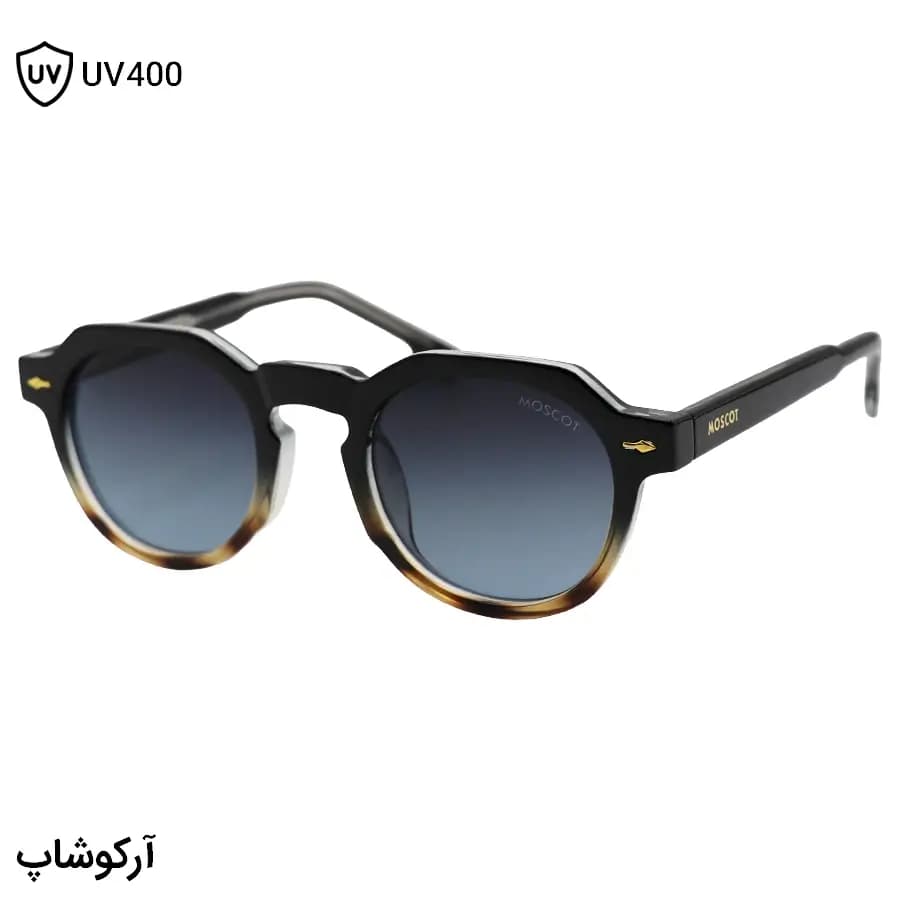 عینک آفتابی MOSCOT با فریم شکل گرد، رنگ مشکی و قهوه‌ای، دسته سیم‌دار و عدسی دودی سایه روشن مدل 1209