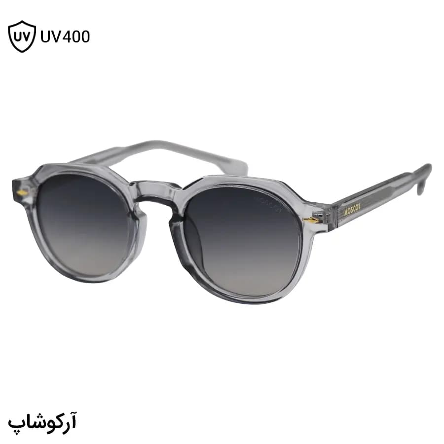 عینک آفتابی MOSCOT با فریم شکل گرد، رنگ طوسی براق، دسته سیم‌دار و عدسی دودی سایه روشن مدل 1209