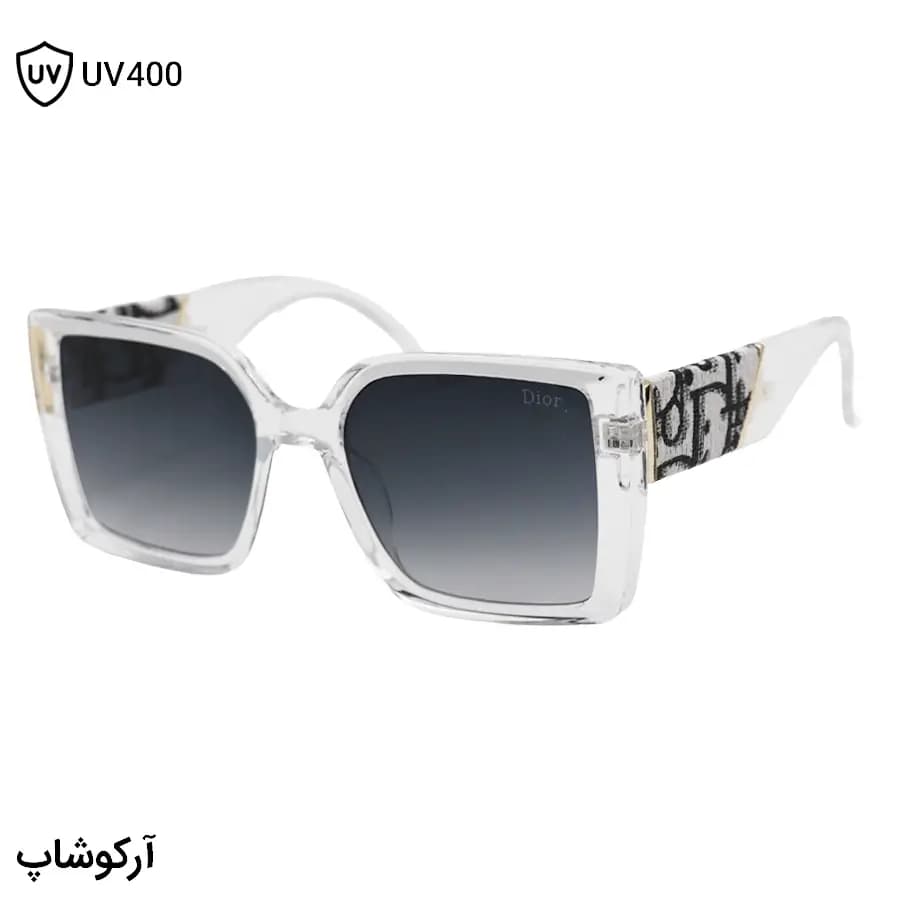 عینک آفتابی زنانه Dior با فریم بی‌رنگ و شفاف، شکل مربعی، دسته پهن و لنز سبز سایه روشن مدل 6818