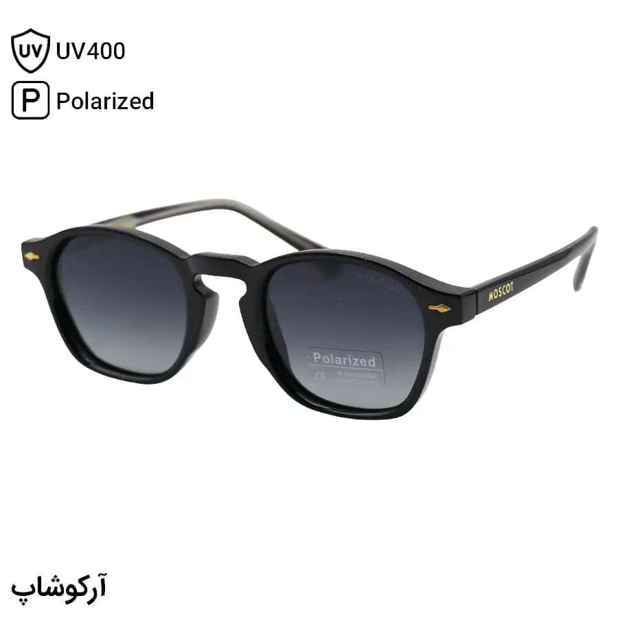 عینک آفتابی Moscot با فریم مشکی براق، شکل مربعی و دسته سیم‌دار و لنز دودی هایلایت و پلاریزه مدل P1208