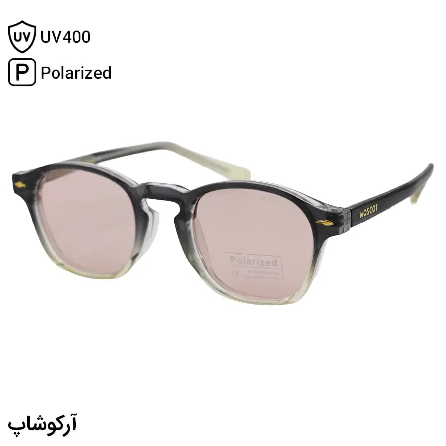 عینک آفتابی موسکات با فریم خاکستری براق، شکل مربعی و دسته سیم‌دار و لنز قهوه‌ای روشن و پلاریزه مدل P1208