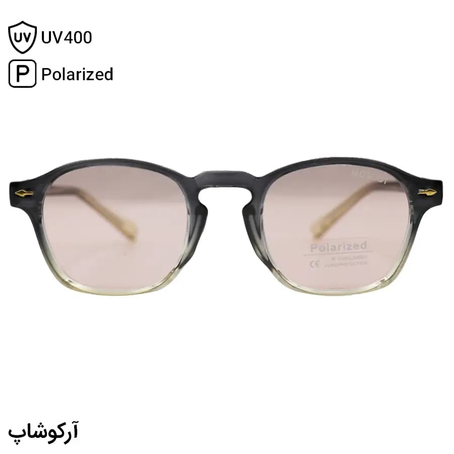 عینک آفتابی موسکات با فریم خاکستری براق، شکل مربعی و دسته سیم‌دار و لنز قهوه‌ای روشن و پلاریزه مدل P1208 — تصویر ۳