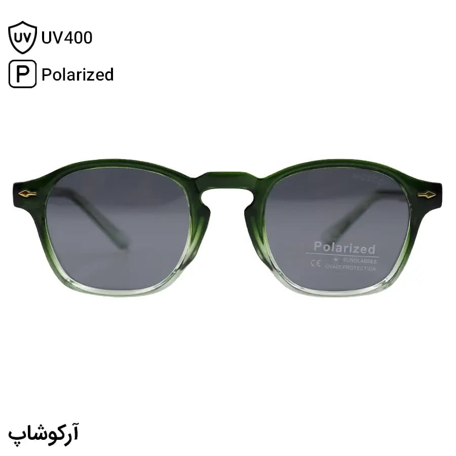 عینک آفتابی موسکات با فریم سبز براق، شکل مربعی و دسته سیم‌دار و لنز دودی تیره و پلاریزه مدل P1208 — تصویر ۳