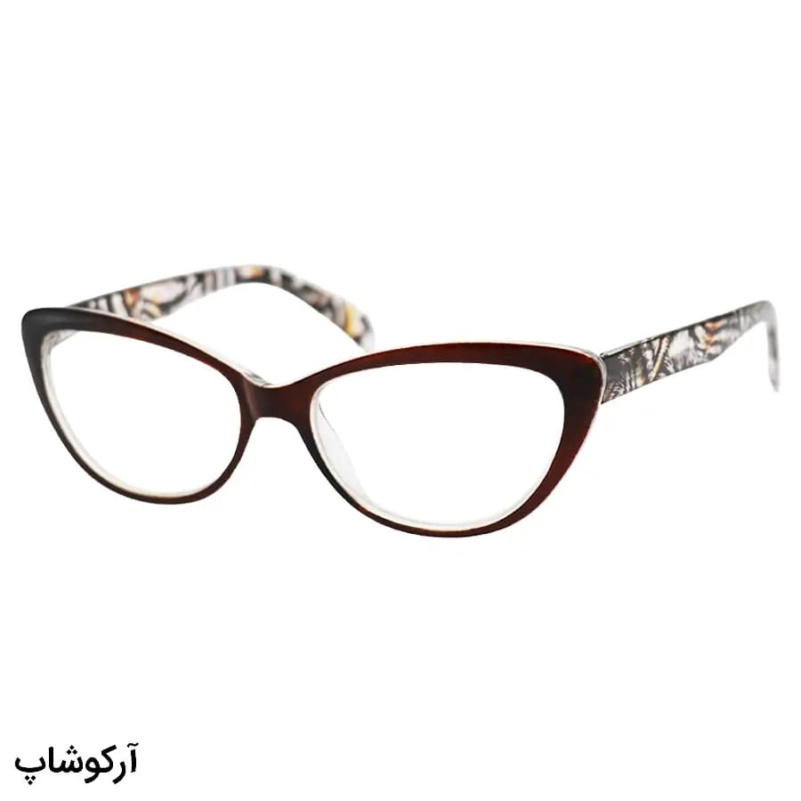 عینک مطالعه نزدیک بین نمره +2.50 با فریم رنگ قهوه‌ای، شکل گربه‌ای (بهمراه قاب و دستمال) مدل FB2006