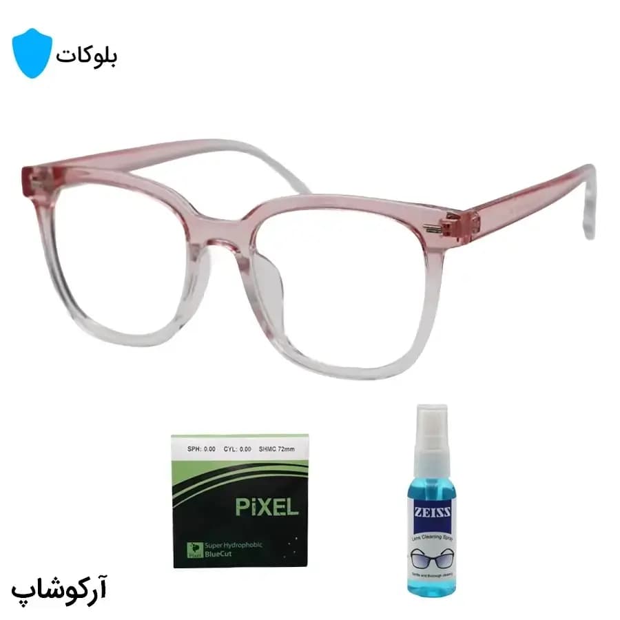 عینک بلوکات با فریم صورتی رنگ، شکل مربعی، از جنس کائوچو و لنز بلوکات ژاپنی برند Pixel مدل 20324