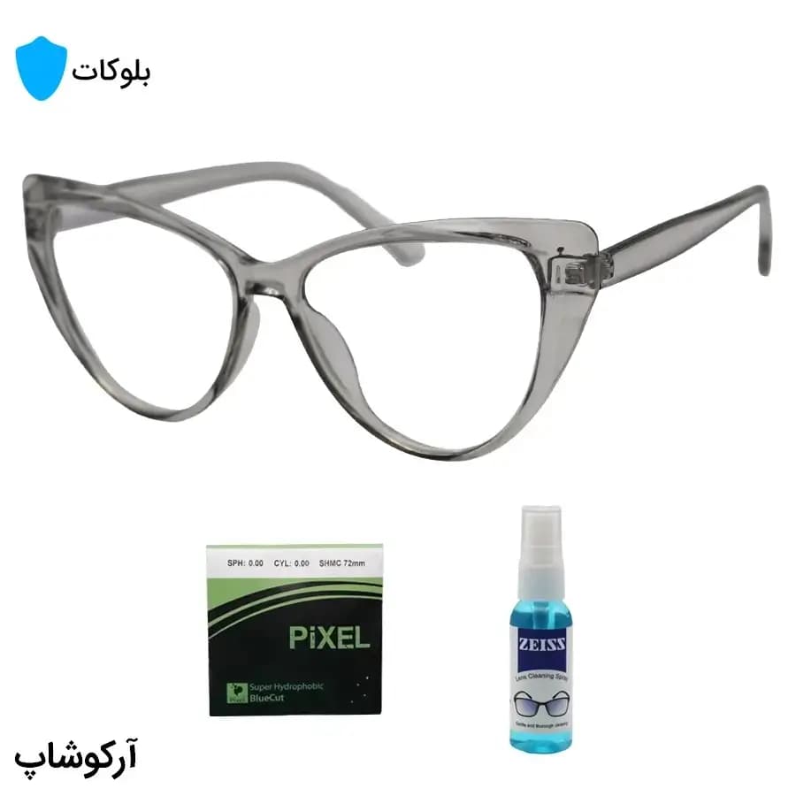 عینک بلوکات زنانه با فریم طوسی رنگ، شکل چشم گربه‌ای، از جنس کائوچو و لنز بلوکات ژاپنی برند Pixel مدل 20386