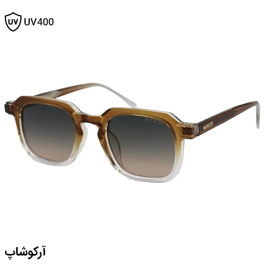 عینک آفتابی MOSCOT با فریم قهوه‌ای براق، شکل مربعی و دسته سیم‌دار و عدسی قهوه‌ای هایلایت مدل 1212