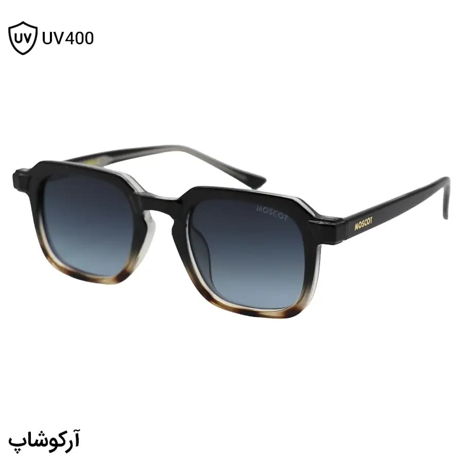 عینک آفتابی موسکات با فریم مشکی و قهوه‌ای، شکل مربعی و دسته سیم‌دار و عدسی دودی سایه روشن مدل 1212