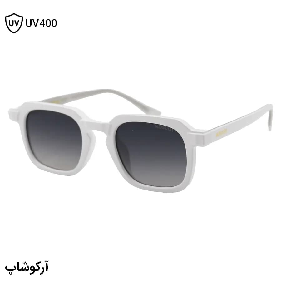 عینک آفتابی MOSCOT با فریم سفید براق، شکل مربعی و دسته سیم‌دار و لنز دودی هایلایت مدل 1212