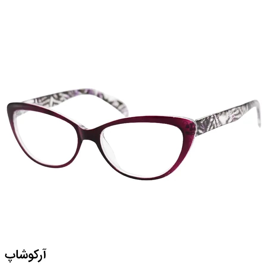عینک مطالعه نزدیک بین نمره +1.00 با فریم رنگ بنفش، شکل گربه‌ای (بهمراه قاب و دستمال) مدل FB2006