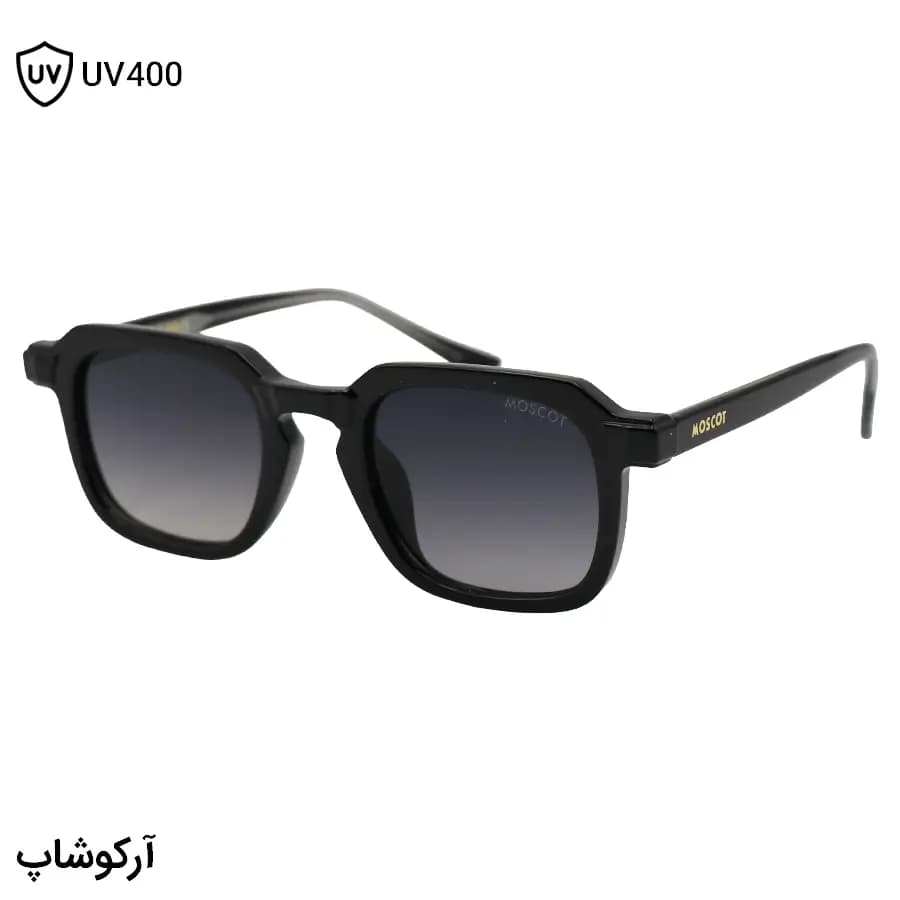 عینک آفتابی MOSCOT با فریم مشکی براق، شکل مربعی و دسته سیم‌دار و لنز دودی هایلایت مدل 1212