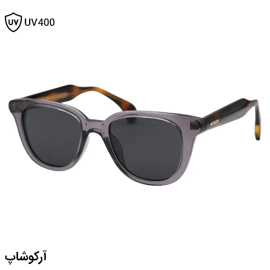 عینک آفتابی Moscot با فریم شکل ویفرر، رنگ بنفش براق، دسته هاوانا و سیمدار و لنز دودی تیره و پلاریزه مدل 581014