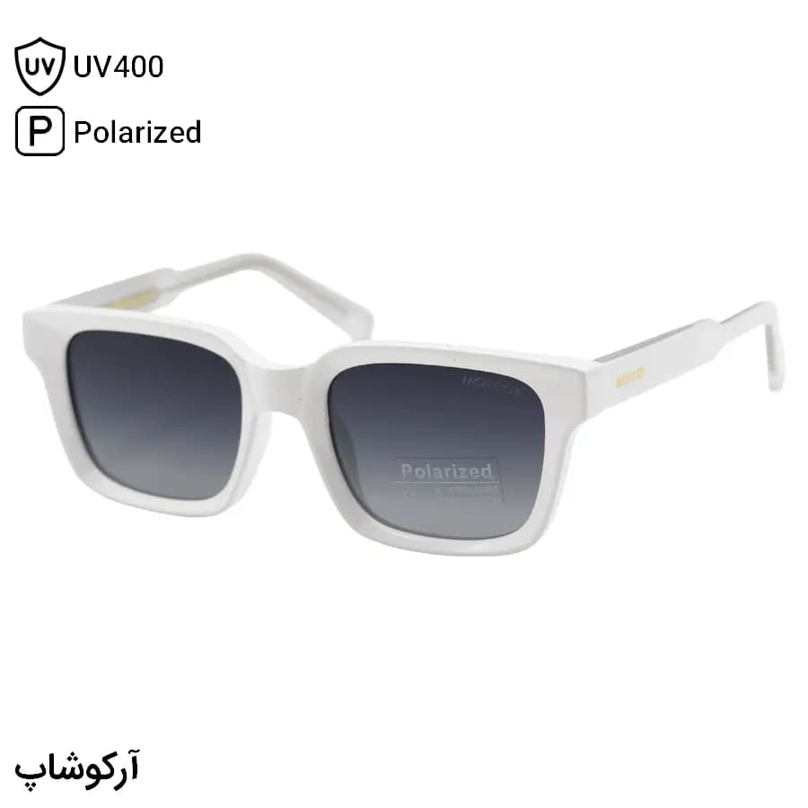 عینک آفتابی موسکات با فریم مستطیلی، رنگ سفید براق، دسته سیم‌دار و لنز دودی سایه روشن و پلاریزه مدل P1210