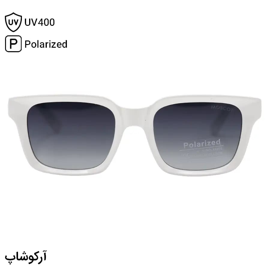 عینک آفتابی موسکات با فریم مستطیلی، رنگ سفید براق، دسته سیم‌دار و لنز دودی سایه روشن و پلاریزه مدل P1210 — تصویر ۲