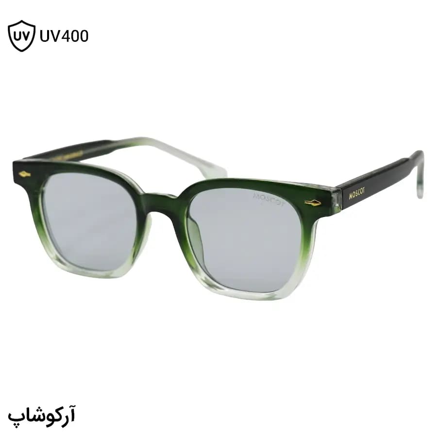 عینک آفتابی MOSCOT با فریم مربعی شکل، رنگ سبز براق، دسته سیم‌دار و لنز دودی تیره مدل 1207