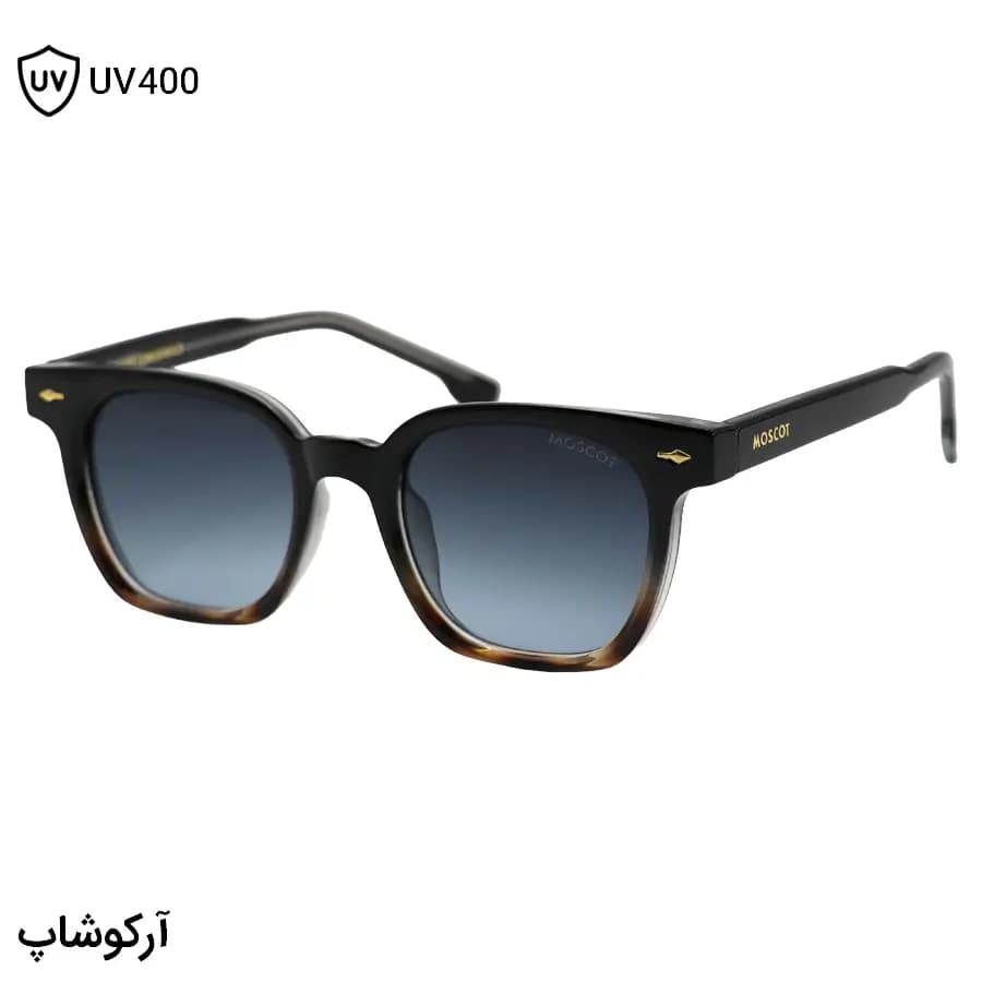عینک آفتابی موسکات با فریم مربعی شکل، رنگ مشکی و قهوه‌ای، دسته سیم‌دار و عدسی دودی سایه روشن مدل 1207