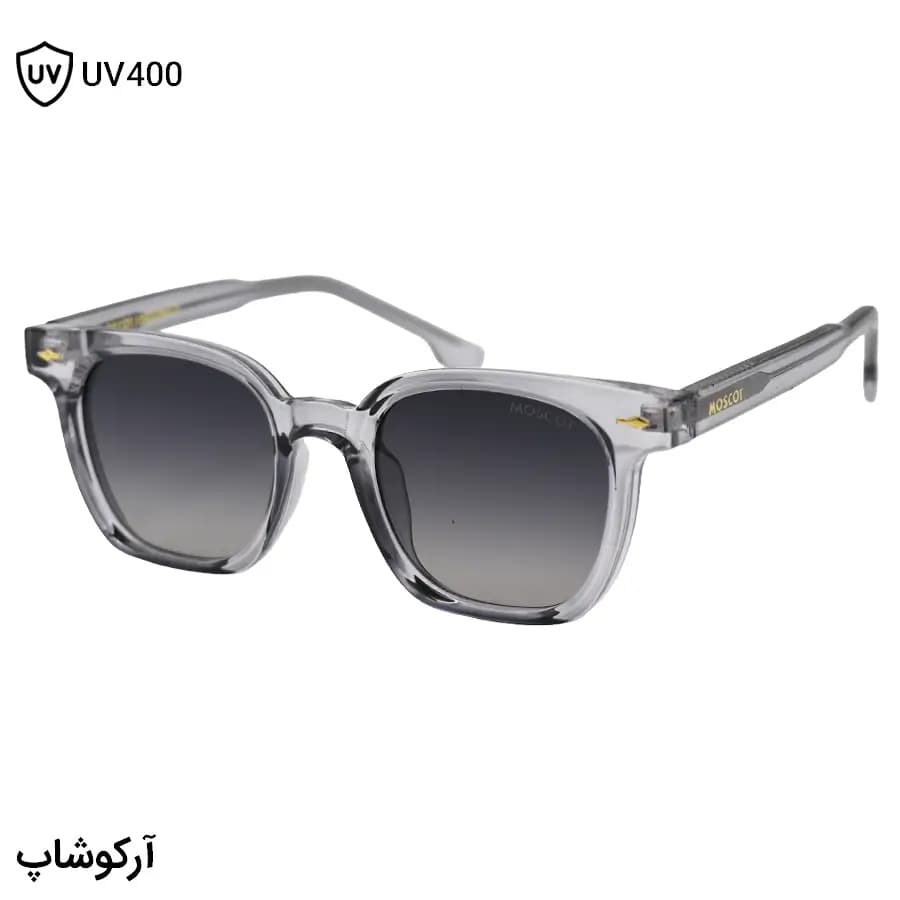 عینک آفتابی MOSCOT با فریم مربعی شکل، رنگ طوسی براق، دسته سیم‌دار و عدسی دودی سایه روشن مدل 1207