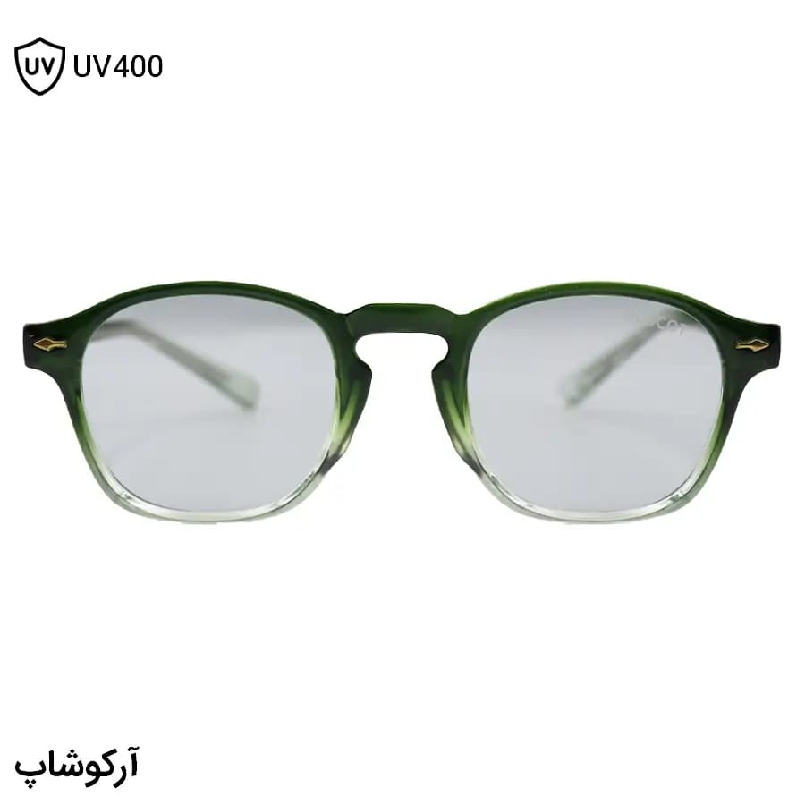عینک آفتابی MOSCOT با فریم سبز براق، شکل مربعی و دسته سیم‌دار و لنز دودی تیره مدل 1208 — تصویر ۳