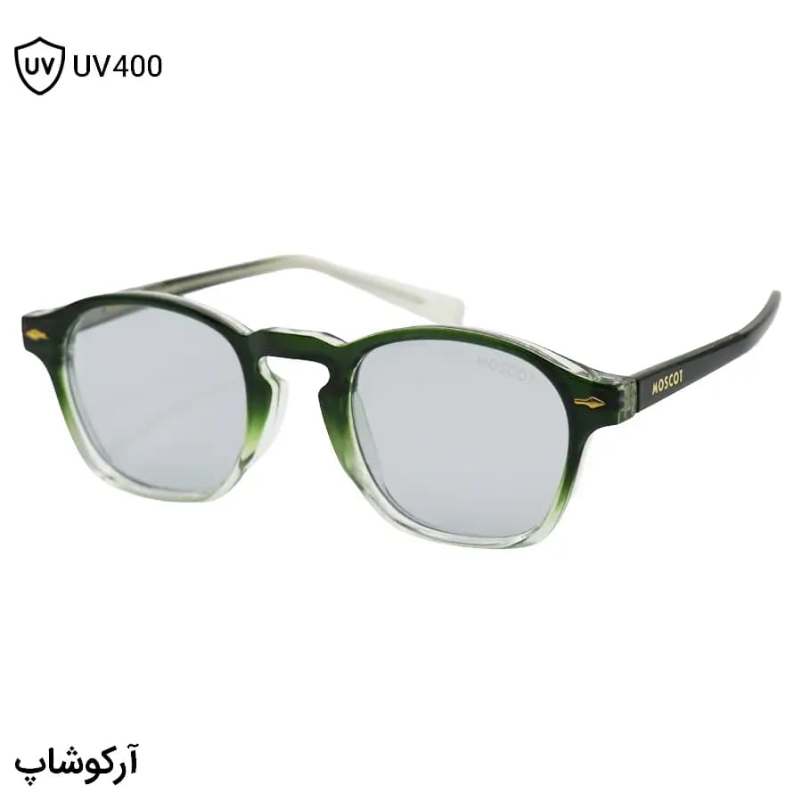 عینک آفتابی MOSCOT با فریم سبز براق، شکل مربعی و دسته سیمدار و لنز دودی تیره مدل 1208