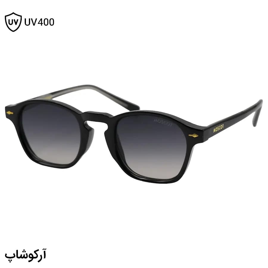 عینک آفتابی موسکات با فریم مشکی براق، شکل مربعی و دسته سیمدار و لنز دودی هایلایت مدل 1208