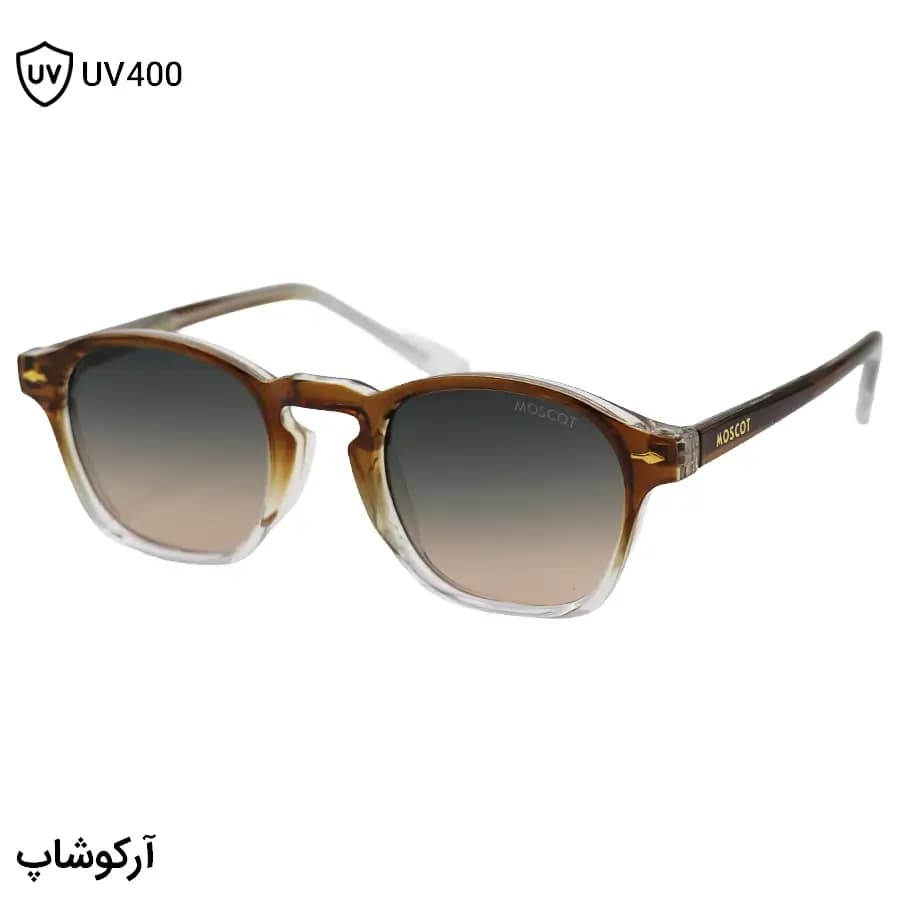 عینک آفتابی MOSCOT با فریم قهوه‌ای براق، شکل مربعی و دسته سیم‌دار و لنز قهوه‌ای سایه روشن مدل 1208