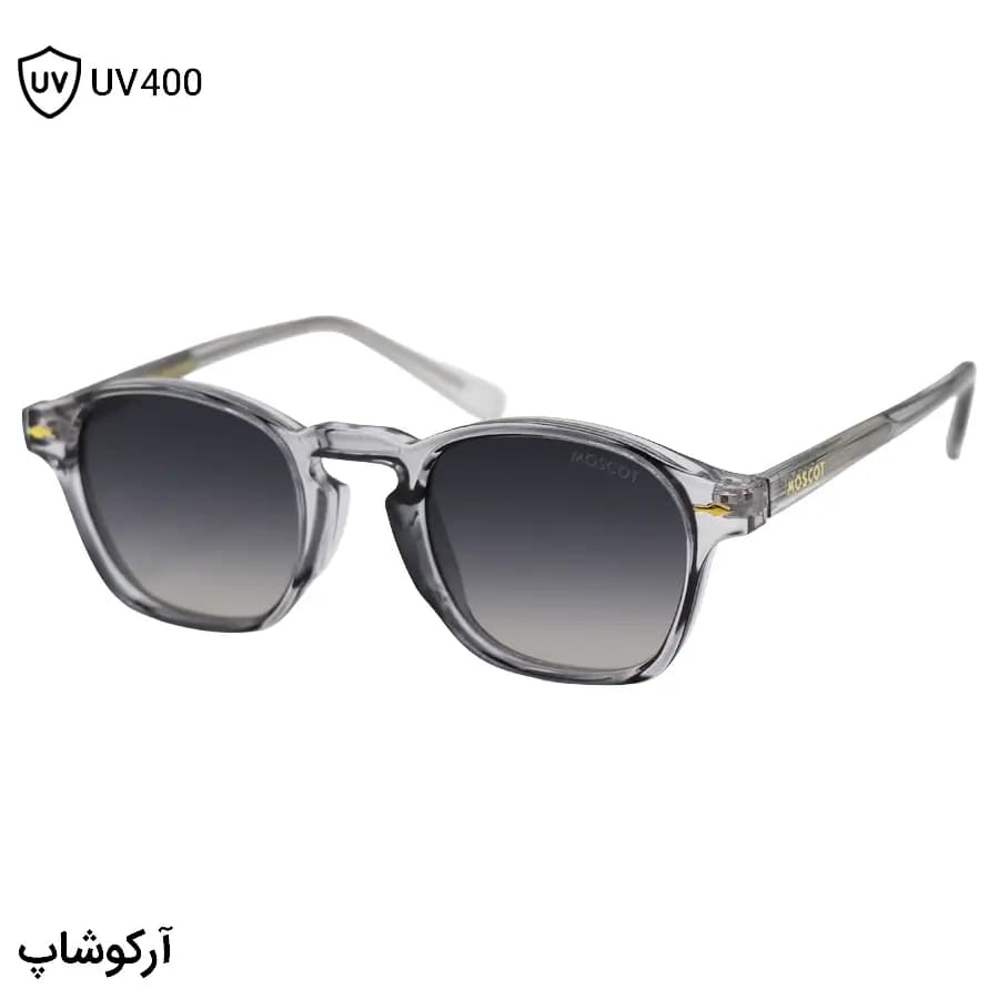 عینک آفتابی MOSCOT با فریم طوسی براق، شکل مربعی و دسته سیم‌دار و لنز دودی سایه روشن مدل 1208