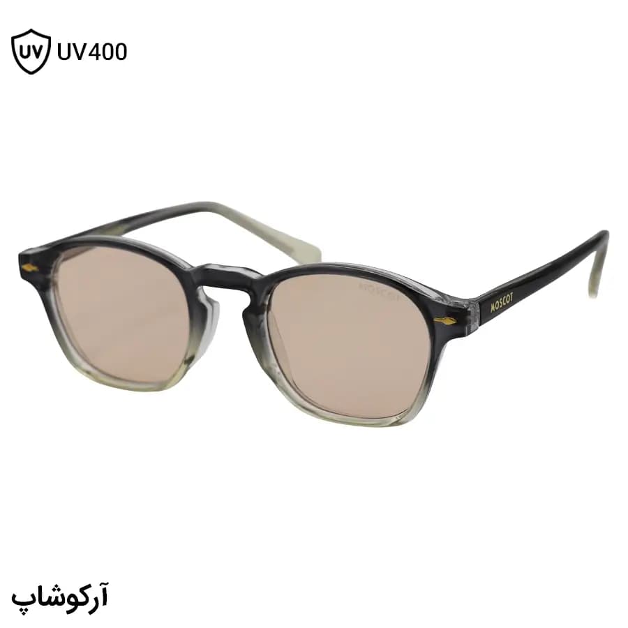 عینک آفتابی MOSCOT با فریم خاکستری براق، شکل مربعی و دسته سیم‌دار و لنز قهوه‌ای روشن مدل 1208