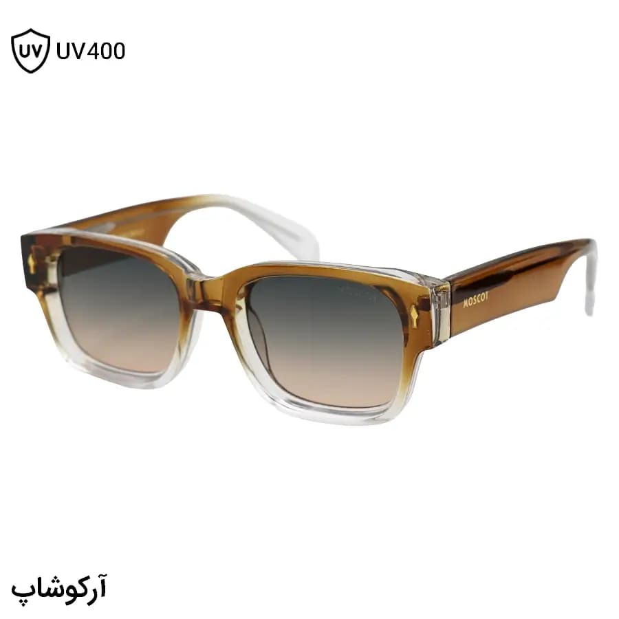 عینک آفتابی Moscot با فریم قهوه‌ای براق، شکل مستطیلی، دسته پهن و سیم‌دار و لنز قهوه‌ای هایلایت مدل 1201