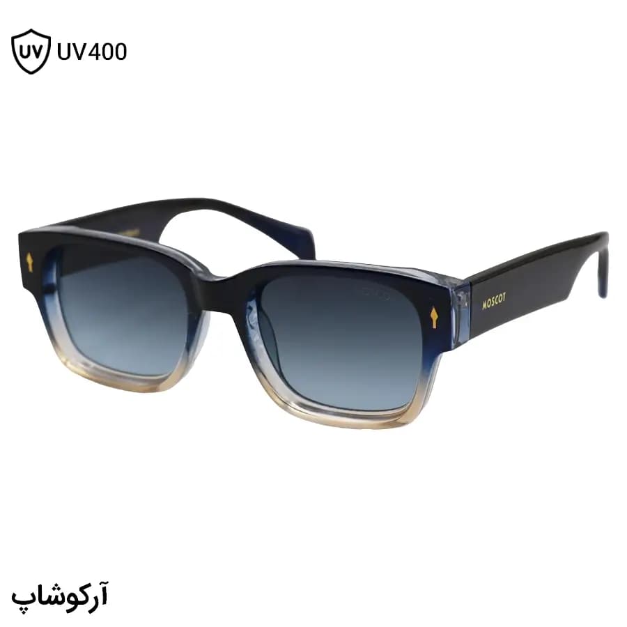 عینک آفتابی موسکات با فریم آبی و قهوه‌ای، شکل مستطیلی، دسته پهن و سیم‌دار و لنز دودی سایه روشن مدل 1201
