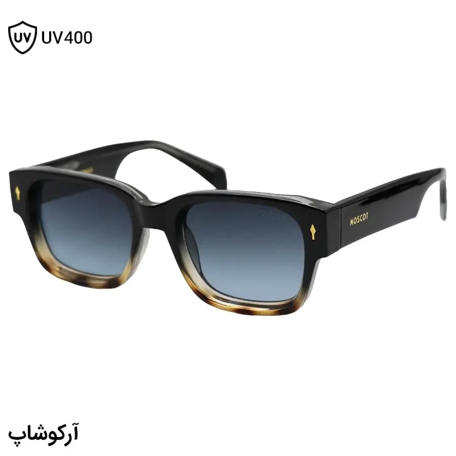 عینک آفتابی Moscot با فریم مشکی و قهوه‌ای، شکل مستطیلی، دسته پهن و سیم‌دار و لنز دودی سایه روشن مدل 1201