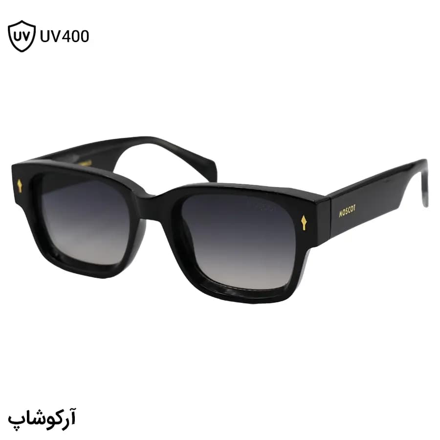 عینک آفتابی Moscot با فریم مشکی براق، شکل مستطیلی، دسته پهن و سیمدار و لنز دودی سایه روشن مدل 1201