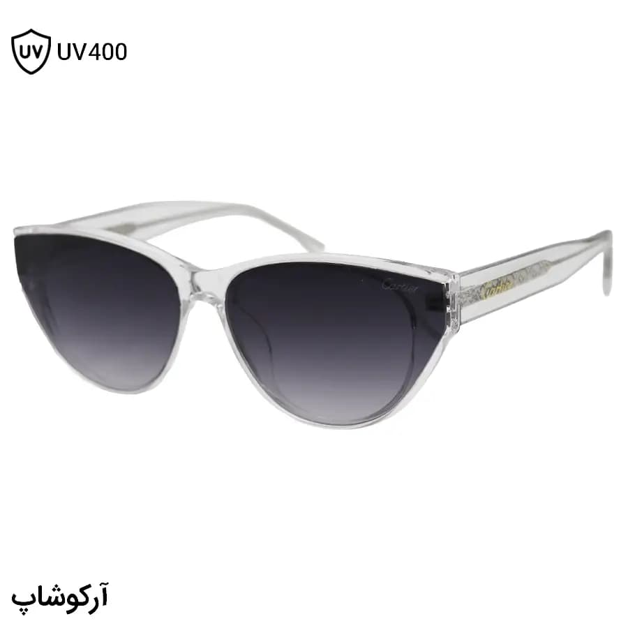 عینک آفتابی زنانه Cartier با فریم بی‌رنگ و شفاف، شکل چشم گربه‌ای، دسته سیم‌دار و لنز دودی سایه روشن مدل 58201
