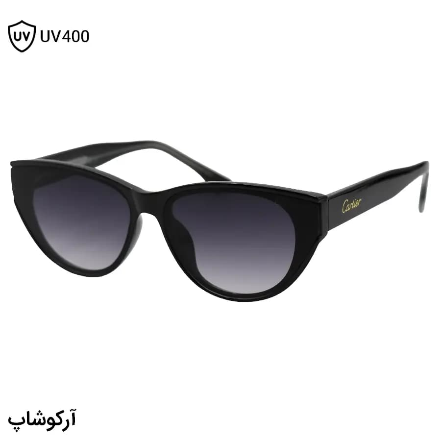 عینک آفتابی زنانه Cartier با فریم مشکی براق، شکل چشم گربه‌ای، دسته سیم‌دار و لنز دودی سایه روشن مدل 58201