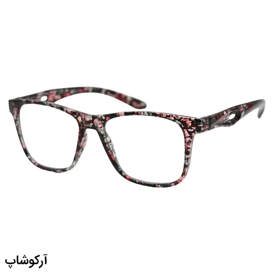 عینک مطالعه نزدیک بین نمره +3.00 با فریم چند رنگ (گل‌دار تیره)، مربعی شکل و دسته فنری مدل 22-9
