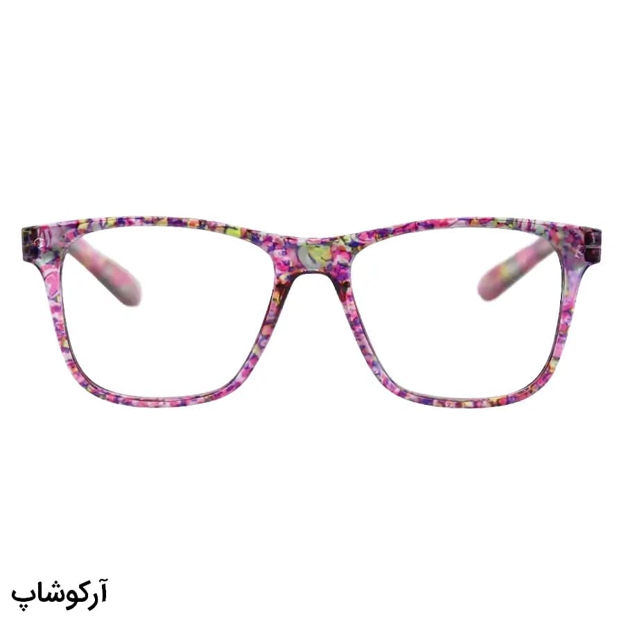 عینک مطالعه نزدیک بین نمره +2.00 با فریم صورتی پر رنگ، طرح گل گلی، مربعی شکل و دسته فنری مدل 22-9 — تصویر ۲