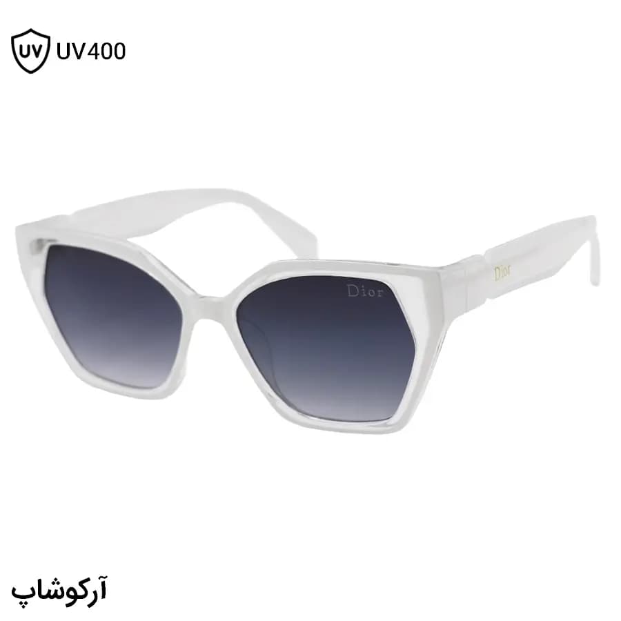 عینک آفتابی زنانه دیور با فریم چشم گربه‌ای شکل، دو رنگ (سفید و بی‌رنگ) و لنز دودی سایه روشن مدل 2177