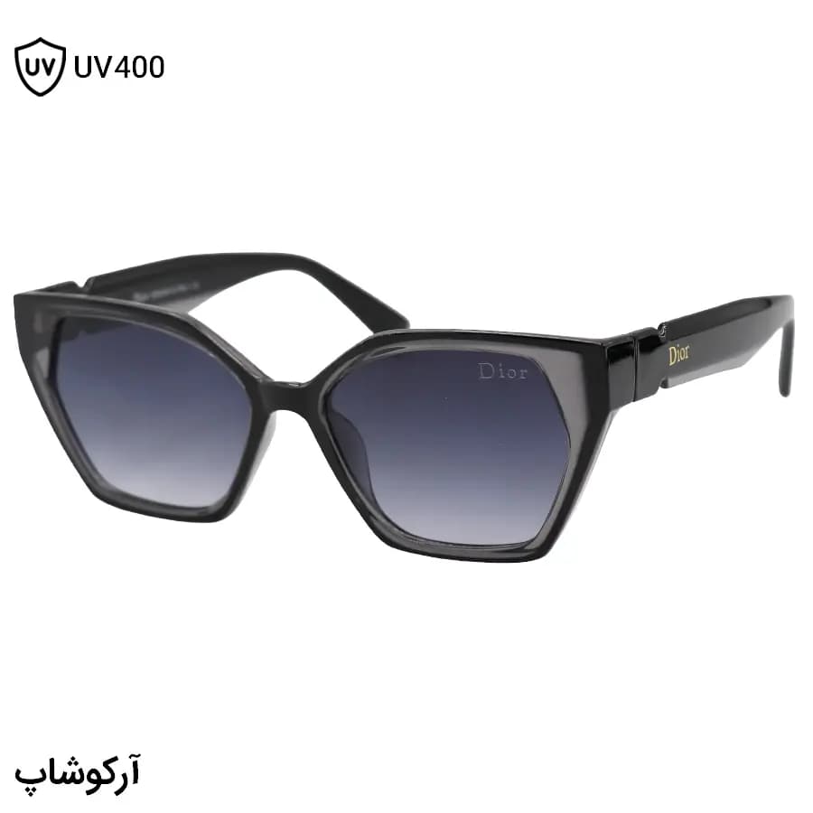 عینک آفتابی زنانه دیور با فریم چشم گربه‌ای شکل، دو رنگ (طوسی و مشکی) و لنز دودی سایه روشن مدل 2177