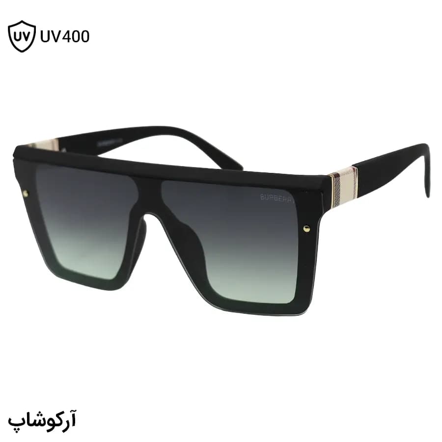 عینک آفتابی مردانه Burberry با فریم مشکی مات، شکل مربعی و لنز یکسره و سبز تیره و هایلایت مدل 9675