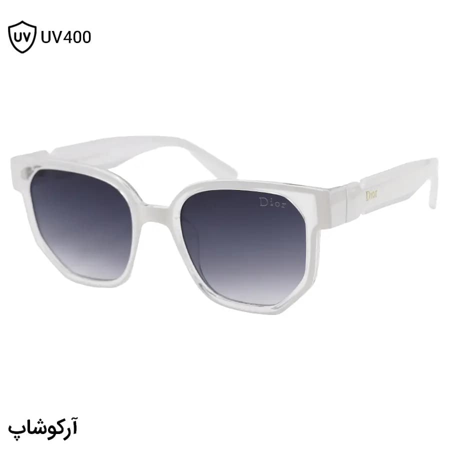 عینک آفتابی زنانه Dior با فریم مربعی شکل، دو رنگ (سفید و بی‌رنگ) و لنز دودی سایه روشن مدل 2178