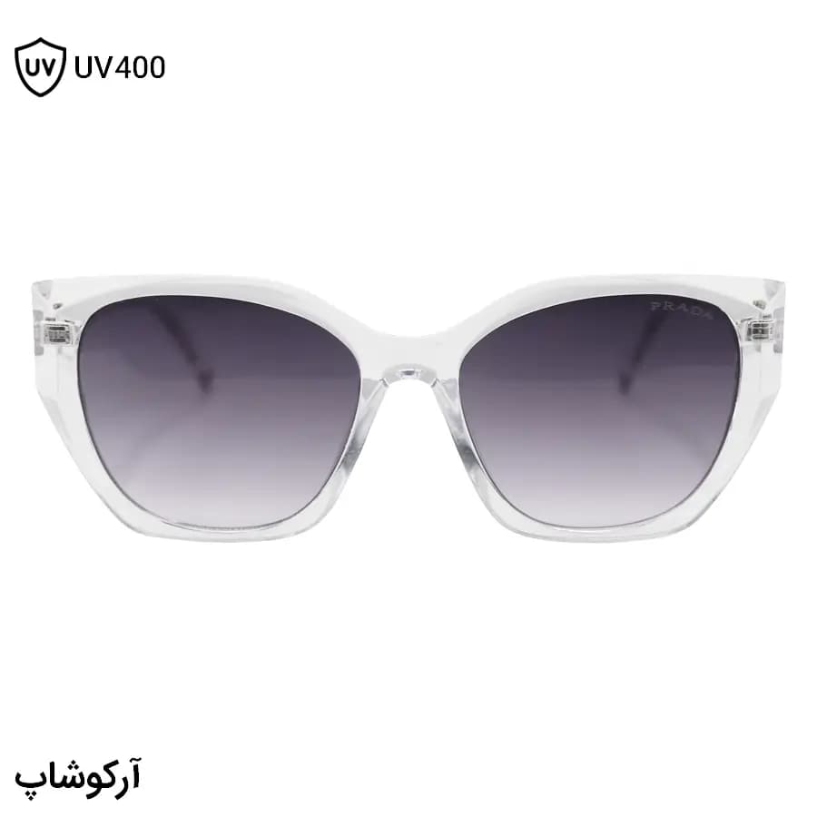 عینک آفتابی زنانه Prada با فریم شفاف و بی‌رنگ، شکل چشم گربه‌ای و لنز دودی سایه روشن مدل 2001 — تصویر ۳