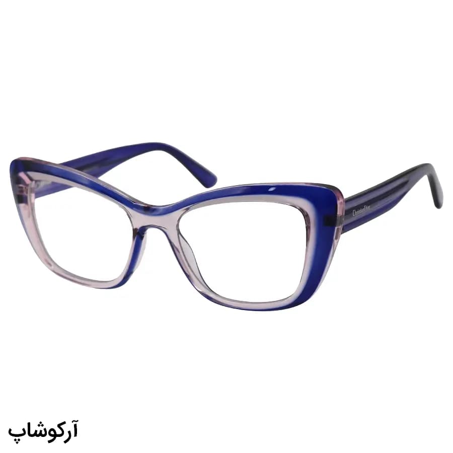 عینک طبی زنانه دیور با فریم دو رنگ (آبی و صورتی)، شکل گربه‌ای، جنس استات، دسته سیم‌دار و لولا فنردار مدل 2172