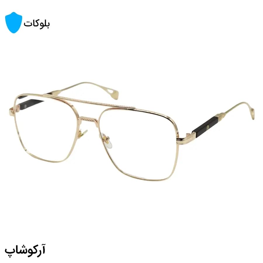 عینک لاکچری برند میباخ با فریم طلایی رنگ، مربعی شکل و لنز بی‌رنگ و شفاف (بلوکات و قابل تعویض) مدل M011