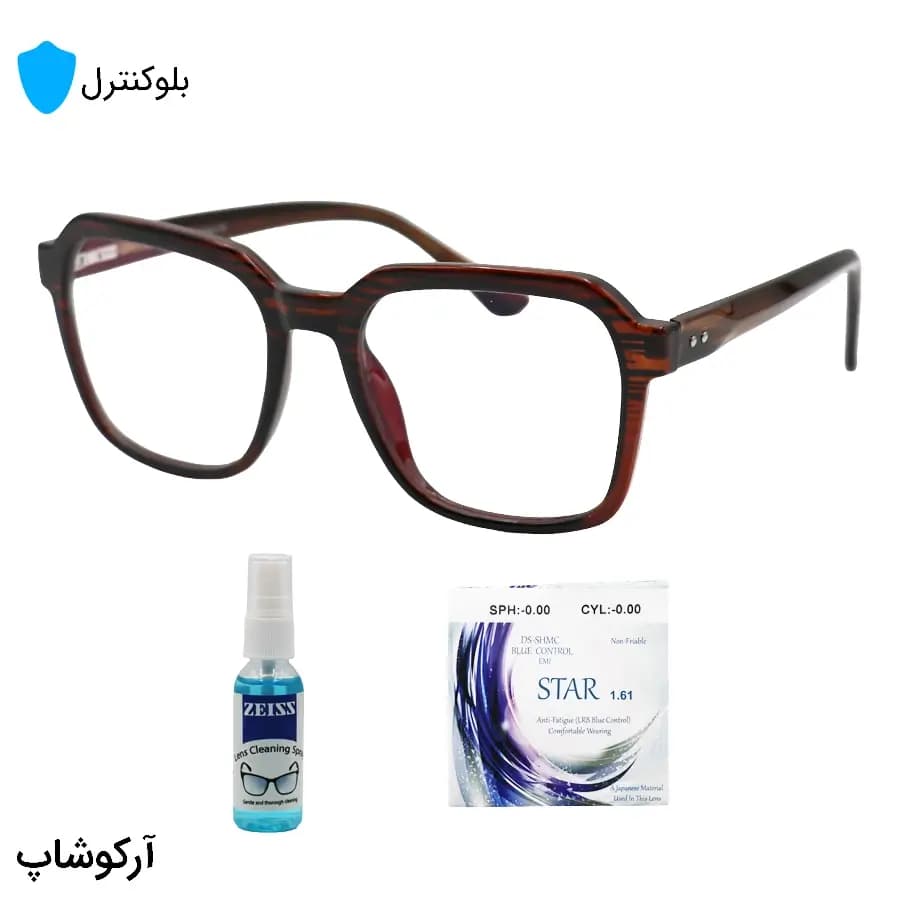 عینک بلوکنترل با فریم شکل مربعی، رنگ قهوه‌ای، دسته سیم‌دار و لنز بلوکنترل ژاپنی برند Star مدل 250614