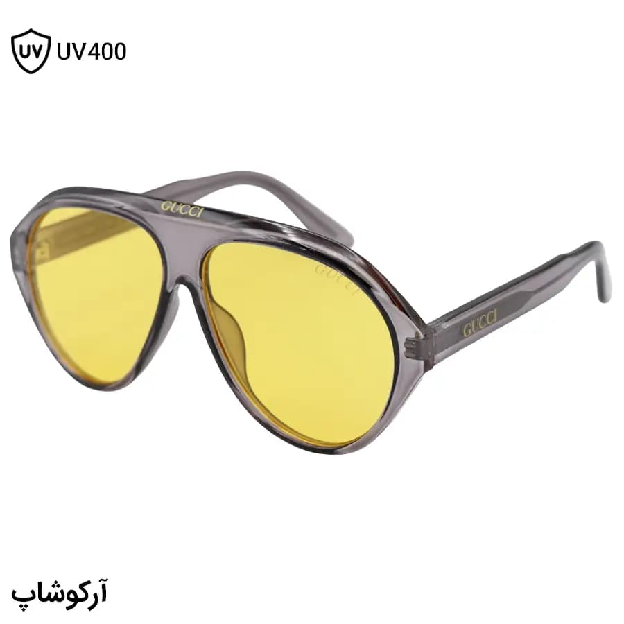عینک دید در شب ترند Gucci با فریم طوسی براق، شکل خلبانی، دسته سیم‌دار و لنز زرد رنگ مدل 62605
